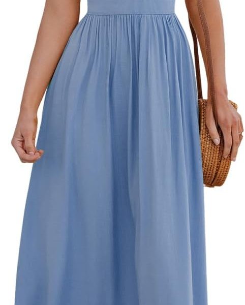 Women Casual Dress Beach Sleeveless V Neck Summer Cutout Spaghetti Straps Formal Maxi Sun Dresses