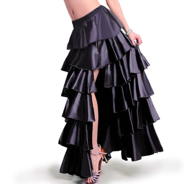Women Maxi Satin Skirt Floor Length Layered Ruffle High Split Spectial Occasion Dance Skirts