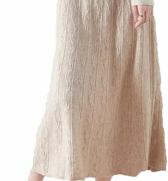 Women Winter Half Skirt Wool Water Ripple High Waist Over Knee Thick Knitted Mid Length Skirt