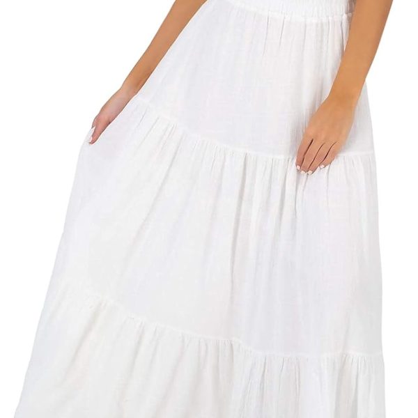 Women Summer Fall Boho Elastic Long Skirts High Waist Pleated A Line Tiered White or Black Maxi Skirt