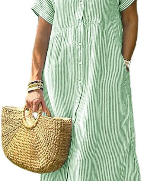 Women Summer Striped Midi Long Shirt Dress Casual Loose Short Sleeve Button Down Dress