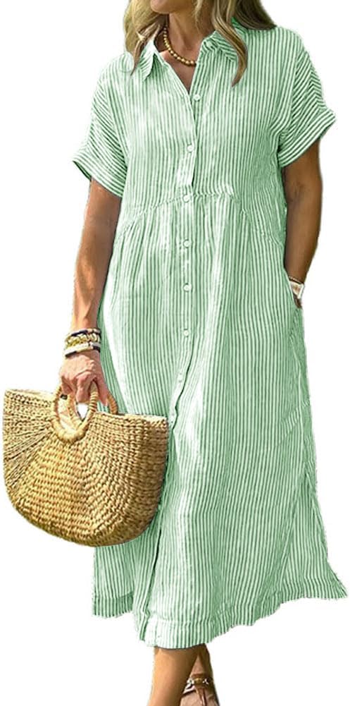 Women Summer Striped Midi Long Shirt Dress Casual Loose Short Sleeve Button Down Dress