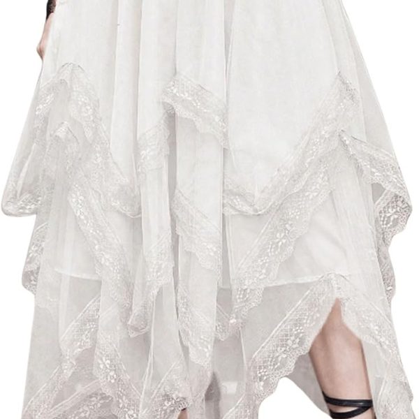 Women Lace Trim Layered Mesh Tulle Skirt High Waist Asymmetrical Long Goth Skirt