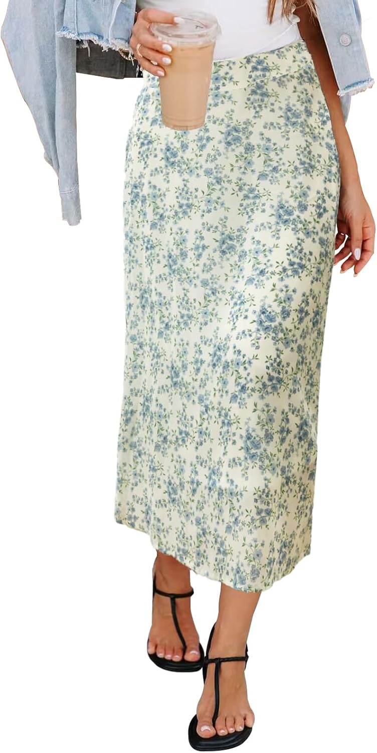 Women’s Floral Print Midi Skirt Casual High Elastic Waist Zipper Vintage Long Boho Skirts for Women