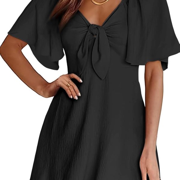 o Women Dresses  Summer Fall Deep V Neck Elegant Bow tie Mini Dress S-XL