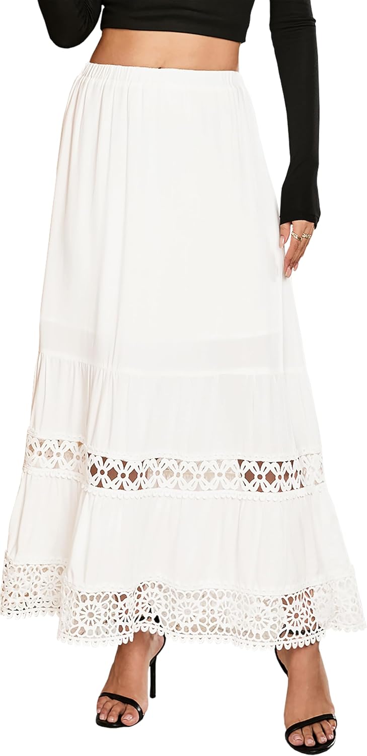 Women Casual High Elastic Waist Ruffle Boho Pleated A-line Long Maxi Skirts