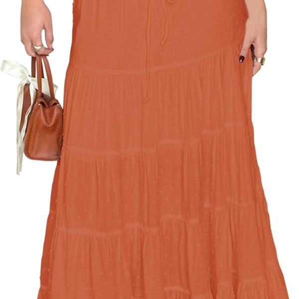 Women Casual High Elastic Waist Ruffle Boho Pleated A-line Long Maxi Skirts