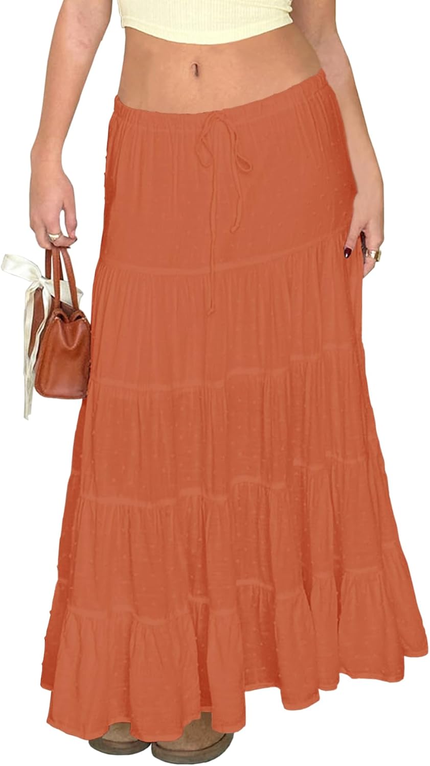 Women Casual High Elastic Waist Ruffle Boho Pleated A-line Long Maxi Skirts