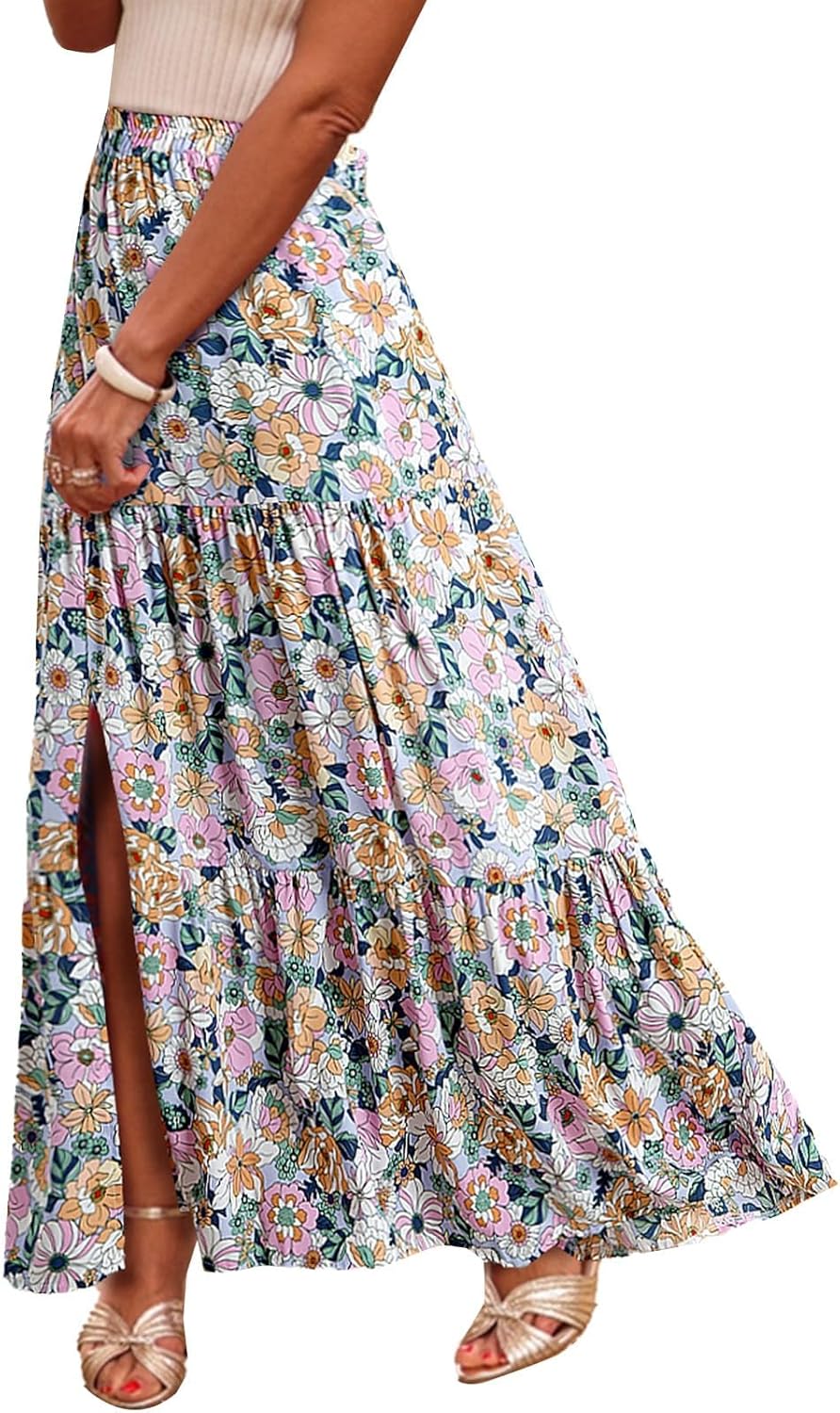 Summer Skirts for Women Floral Print High Waist Flowy Split A Line Boho Maxi Skirt with Pockets