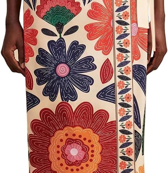 Women Floral Wrap Midi Skirt Summer Adjustable Tie Side Casual High Waist A Line Beach Boho Long Flared Skirts