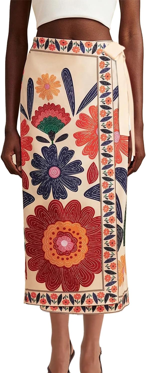 Women Floral Wrap Midi Skirt Summer Adjustable Tie Side Casual High Waist A Line Beach Boho Long Flared Skirts