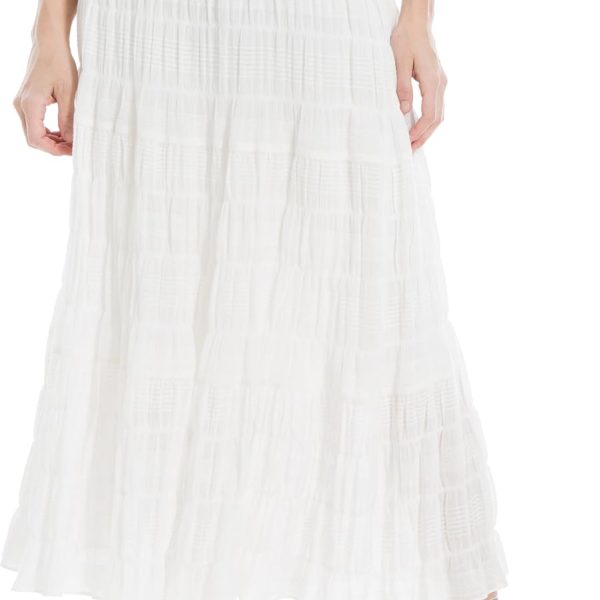 Women Elastic Waist Long Flowy Boho Textured Cotton Maxi Skirt