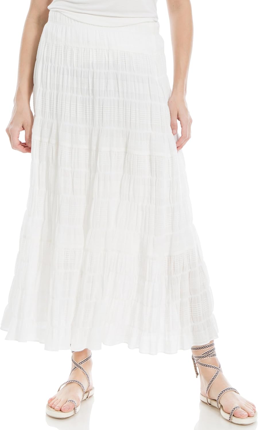 Women Elastic Waist Long Flowy Boho Textured Cotton Maxi Skirt