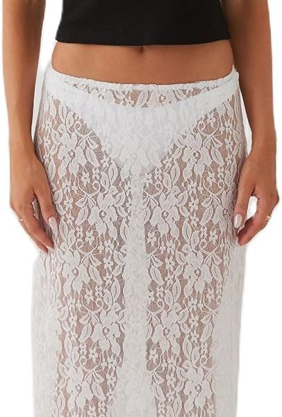 Women Lace Long Skirt Satin High Waist A-line Midi Skirt Y2K Summer Elegant Beach Party Maxi Skirts