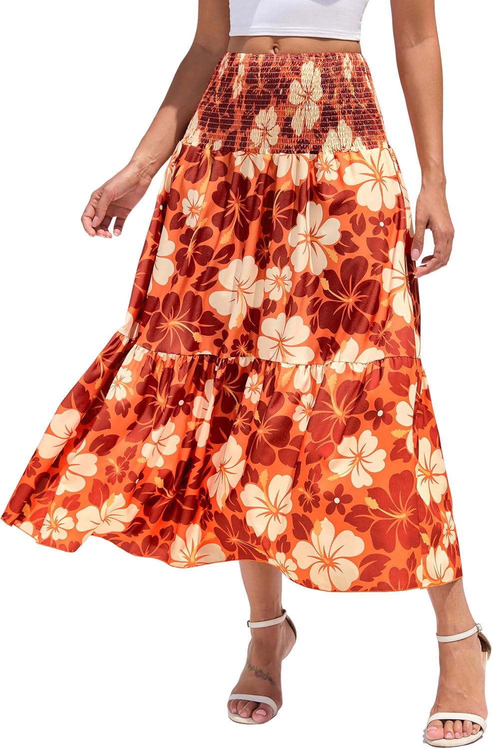 Women Novelty Maxi Skirts with Pockets Midi Elastic Waist A-Line Flowy Skirts Patterns for Daily Office Party