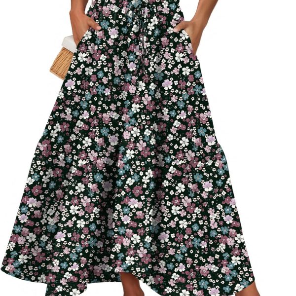 Long Skirts for Women High Waist A Line Skirt Casual Flowy Tiered Skirt with Pockets Summer Floral Boho Skirt