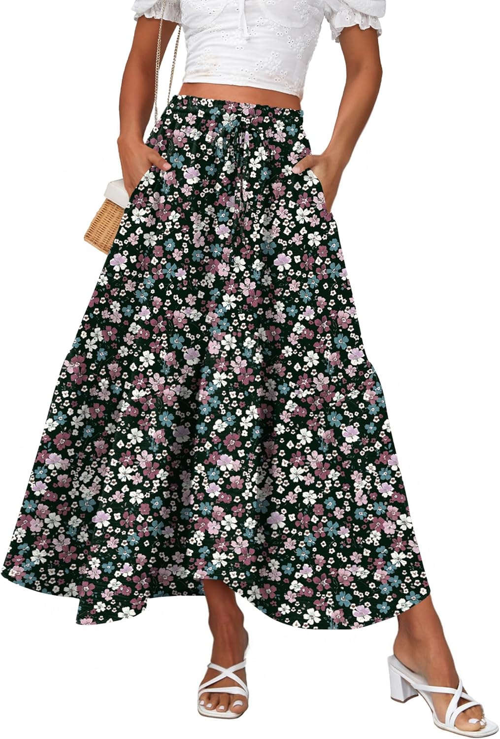 Long Skirts for Women High Waist A Line Skirt Casual Flowy Tiered Skirt with Pockets Summer Floral Boho Skirt
