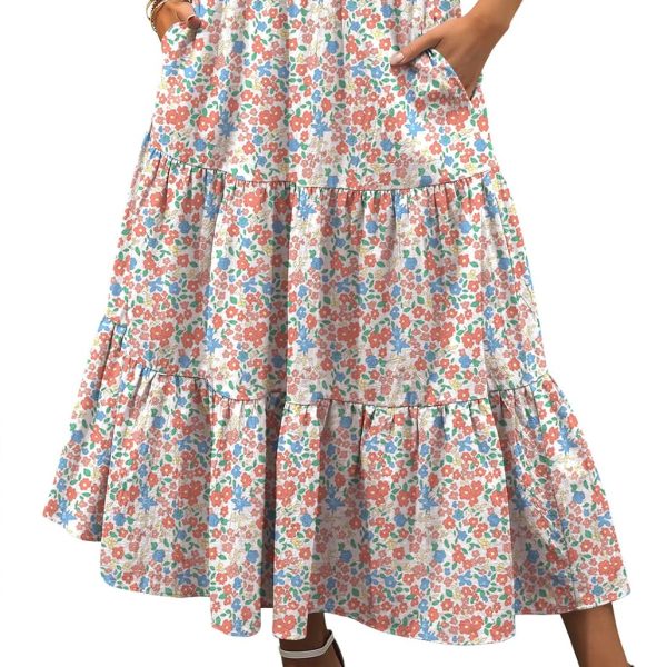 Women’s Summer Boho Flowy Swing Tiered A-Line Midi Skirt  Fashion Trendy Elastic Waist Pleated Long Beach Dress