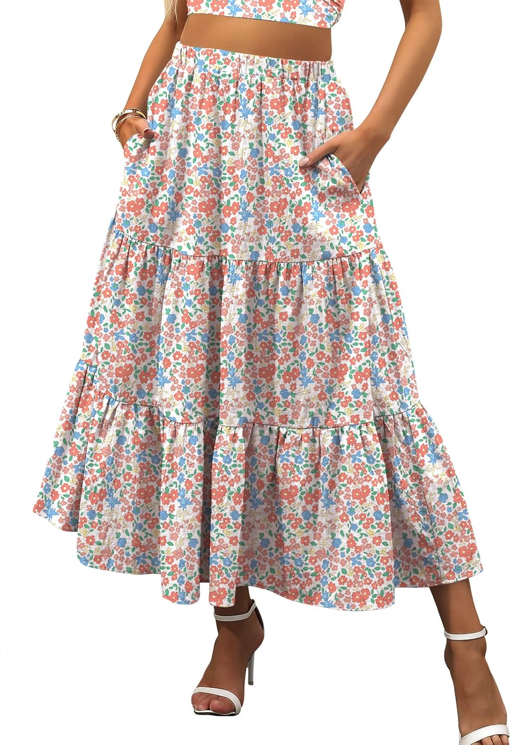 Women’s Summer Boho Flowy Swing Tiered A-Line Midi Skirt Fashion Trendy Elastic Waist Pleated Long Beach Dress