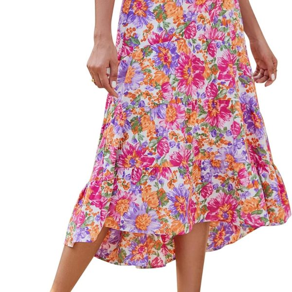 Women Long Skirts Boho Floral Elastic High Waist Asymmetrical Hem Midi Skirt