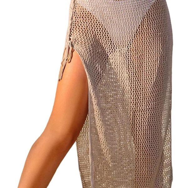 Women Swimsuit Cover Up Crochet Sheer Knit Side Slit Maxi Beach Skirt Sarong