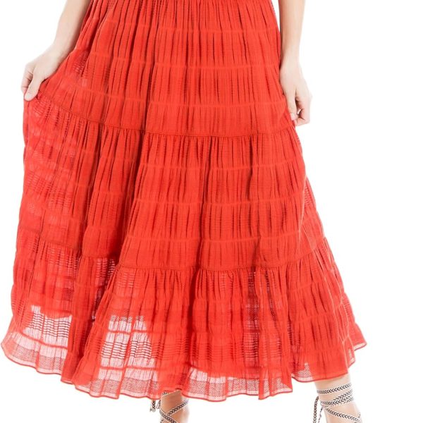 Women Elastic Waist Long Flowy Boho Textured Cotton Maxi Skirt