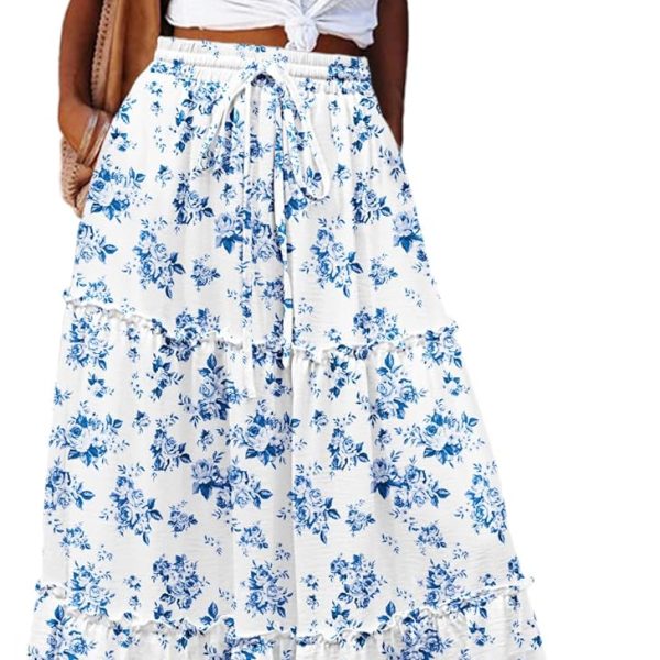 Women Casual Maxi Skirts for Women  High Waist Boho Skirts Floral Printed Long Flowy Skirt with Pockets