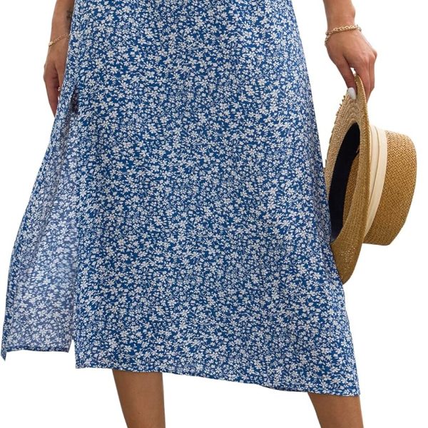 Women Summer Flowy Slit Midi Skirts Casual Lightweight High Waisted Boho Floral Beach Skirt