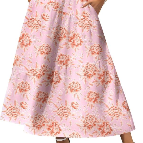 Women Midi Summer  Boho Elastic High Waist A-Line Flowy Swing Asymmetric Tiered Skirt Dress with Pockets