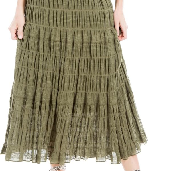 Women Elastic Waist Long Flowy Boho Textured Cotton Maxi Skirt