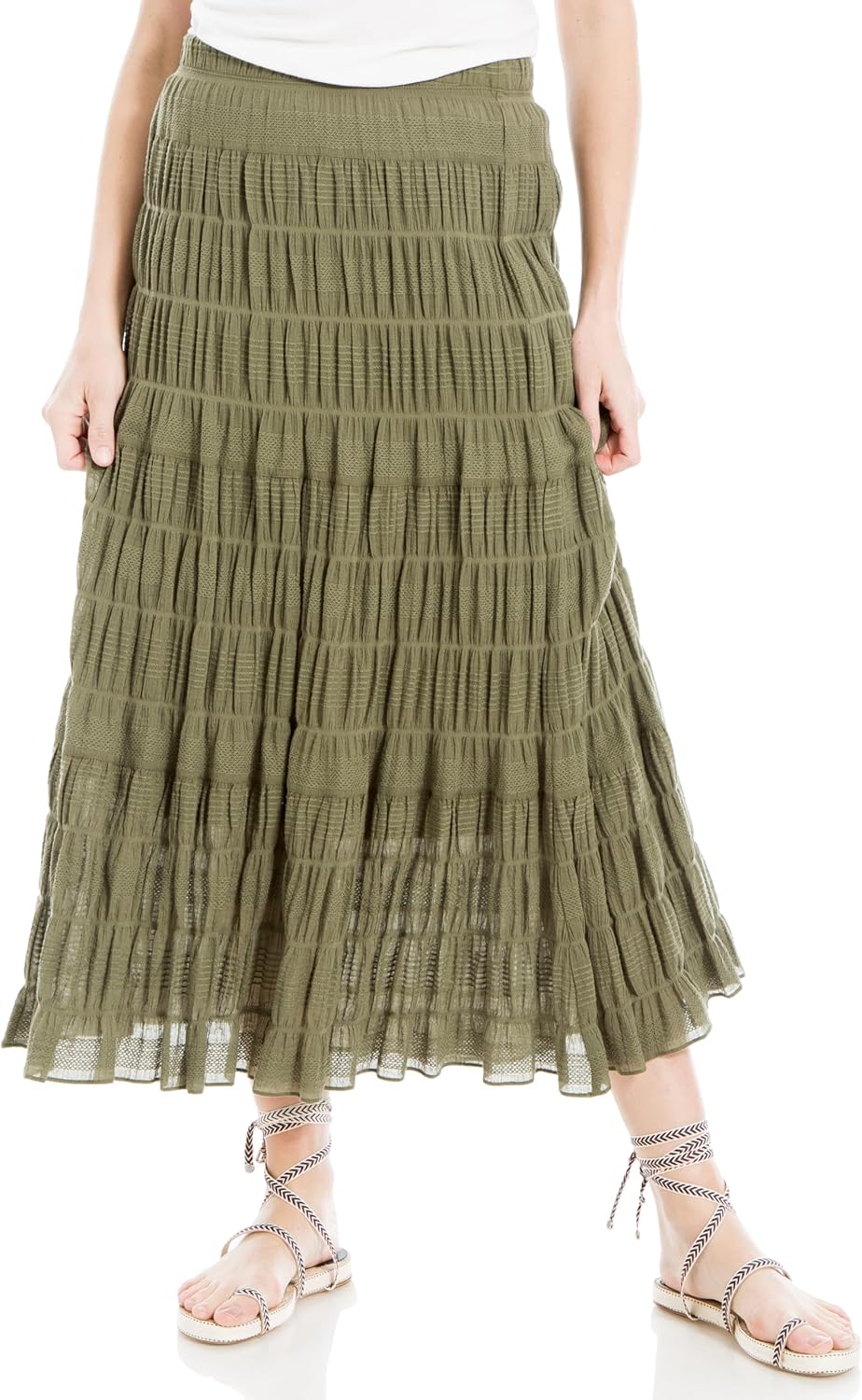 Women Elastic Waist Long Flowy Boho Textured Cotton Maxi Skirt