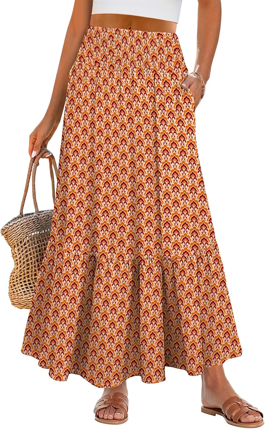 Maxi Skirts for Women Summer Boho Long Flowy Floral Elastic High Waist Skirt Casual Travel Skirt with Pockets