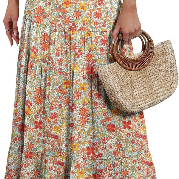 Women Maxi Skirt Elastic High Waist Swing Tiered A-line Flowy Pleated Boho Beach Vacation Long Skirts