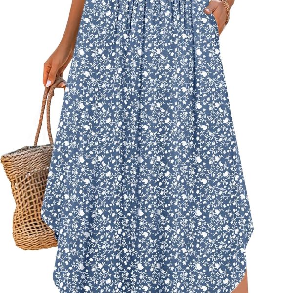 Women Maxi Skirts Summer Boho Floral High Waisted Flowy Swing Pleated Beach Long Skirt with Pockets